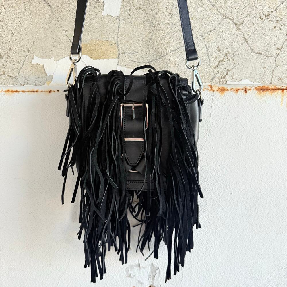 Vtg Fringe Leather Crossbody Bag Y2K Joseph B Black Boho Festival Suede‎ Purse
